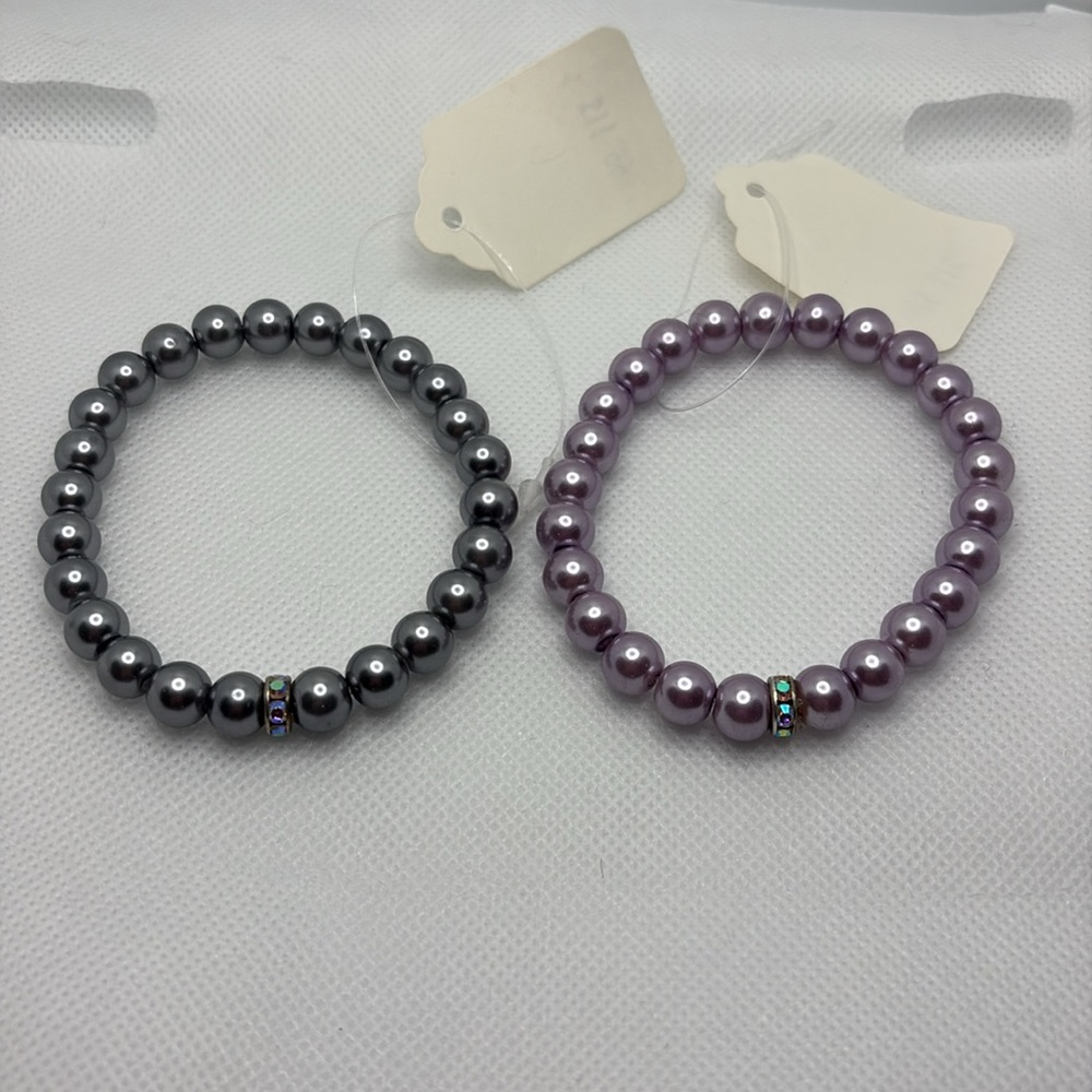 Set of Two Faux Pearl and Crystal Accent Stretch Bracelets